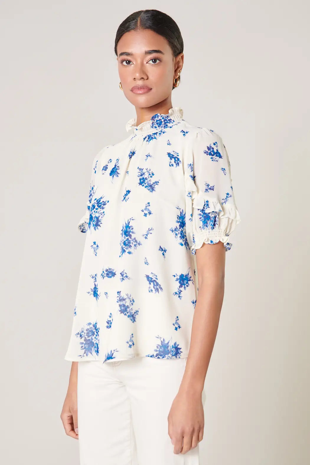 White and Blue Floral Smocked Mock Neck Blouse