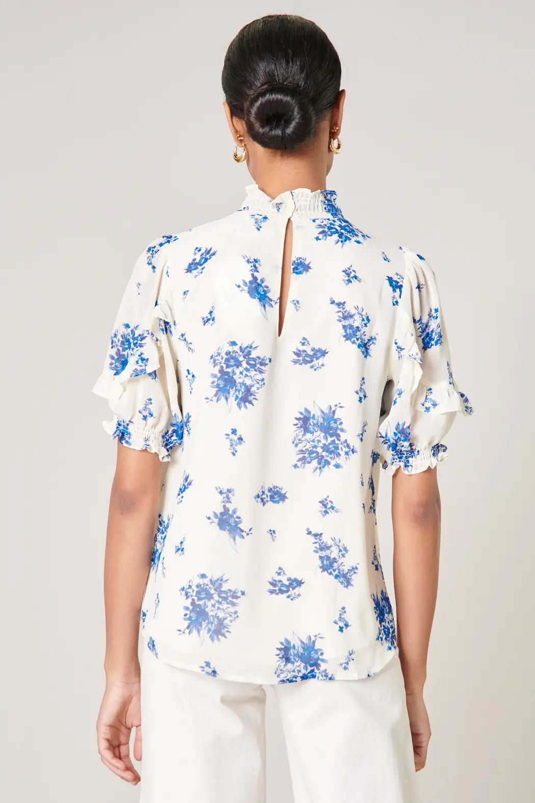 White and Blue Floral Smocked Mock Neck Blouse