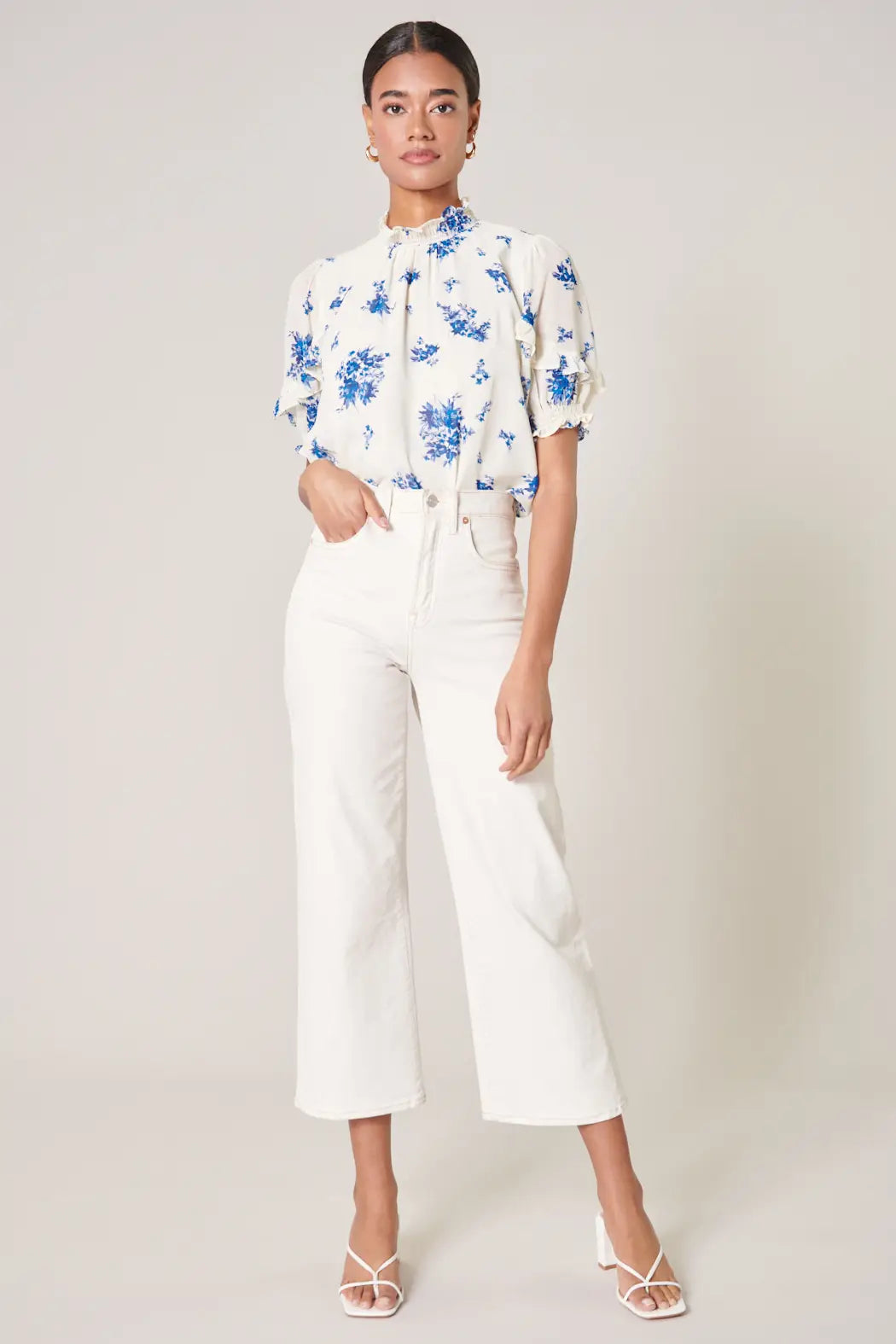 White and Blue Floral Smocked Mock Neck Blouse
