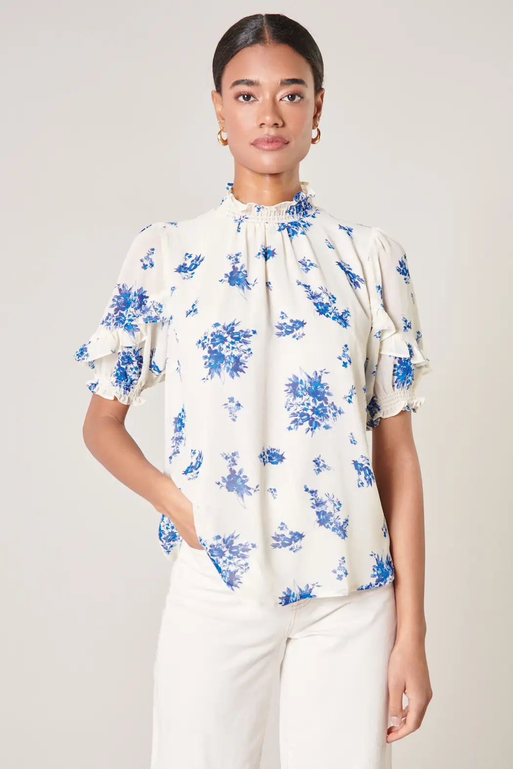 White and Blue Floral Smocked Mock Neck Blouse