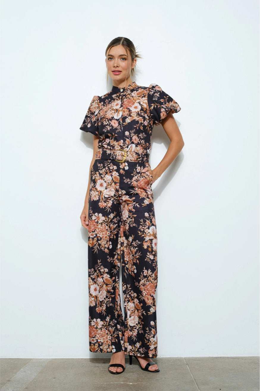 High Waist Floral Print Wide Pants with Belt
