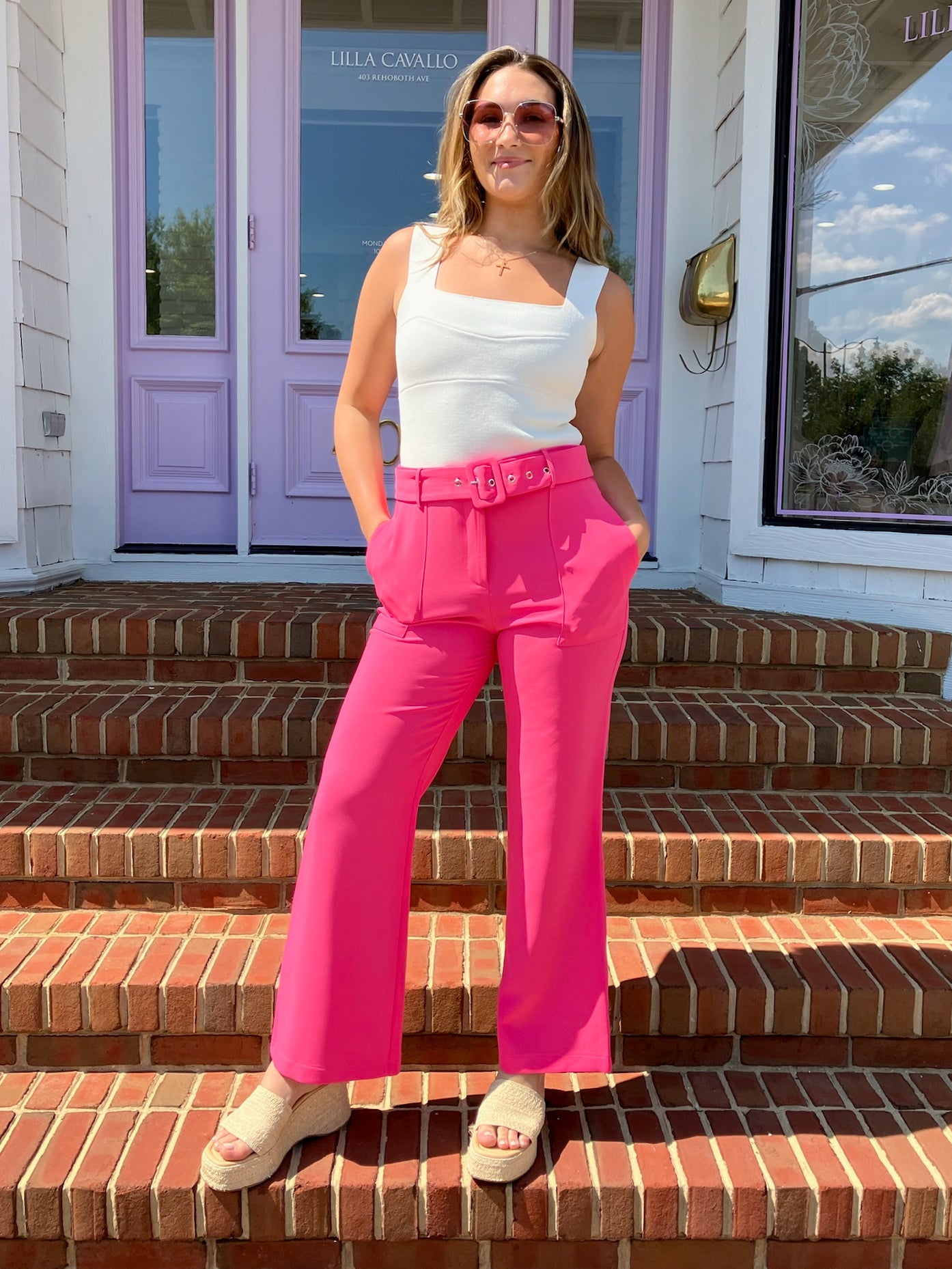 Flamenco High Rise Pink Belted Trousers