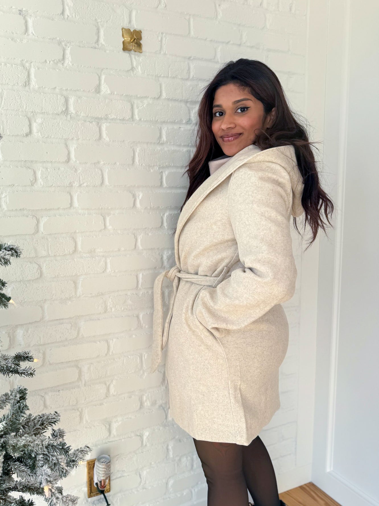 Ivory Hooded Lapel Coat