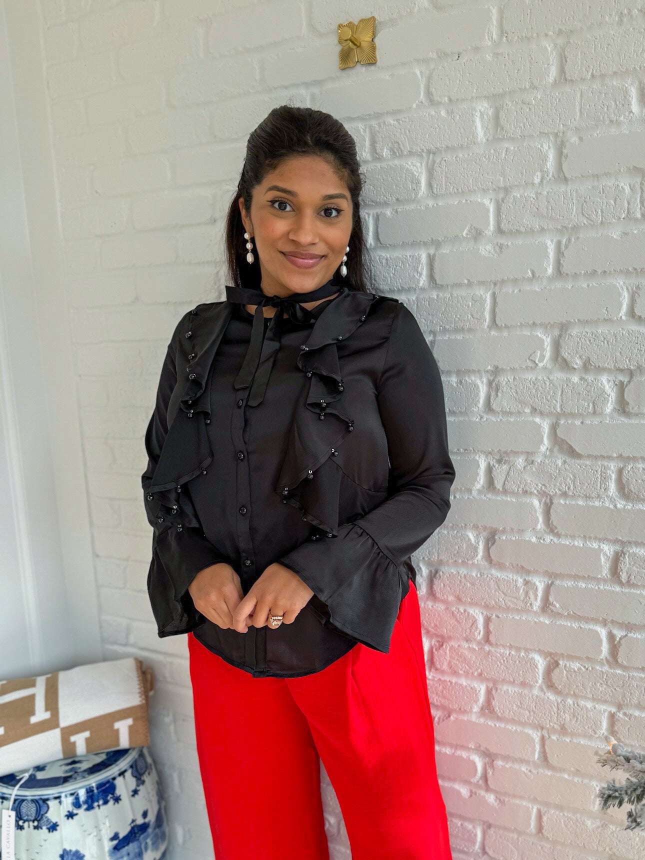 Black Ruffled Beaded Blouse