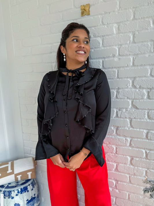 Black Ruffled Beaded Blouse
