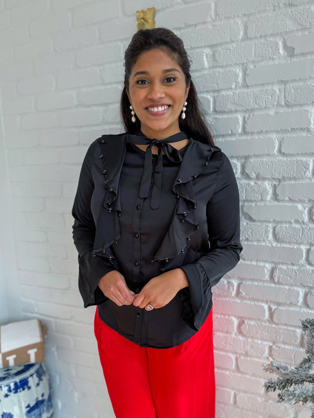 Black Ruffled Beaded Blouse