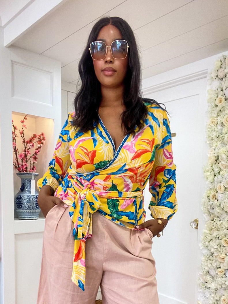 Yellow Tropics Wrap Curvy Fit Blouse