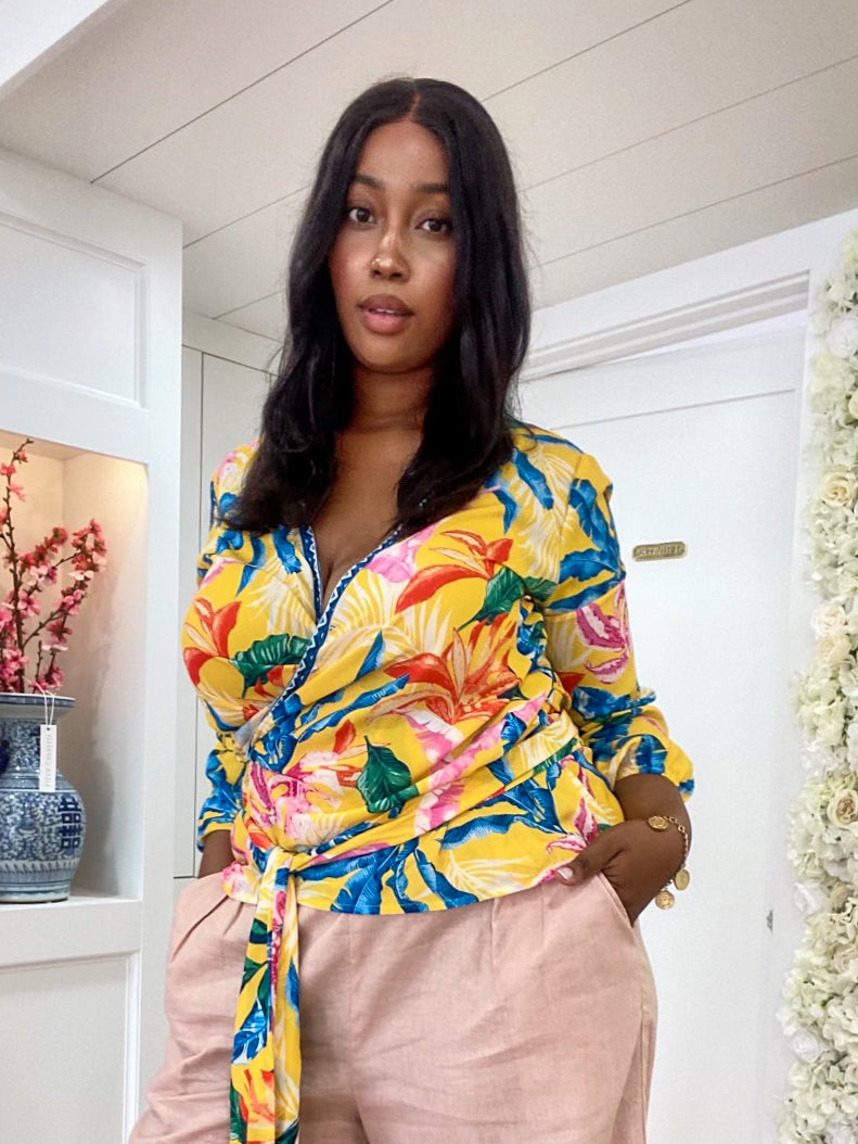 Yellow Tropics Wrap Curvy Fit Blouse