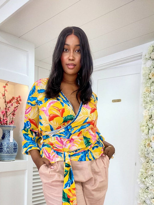 Yellow Tropics Wrap Curvy Fit Blouse