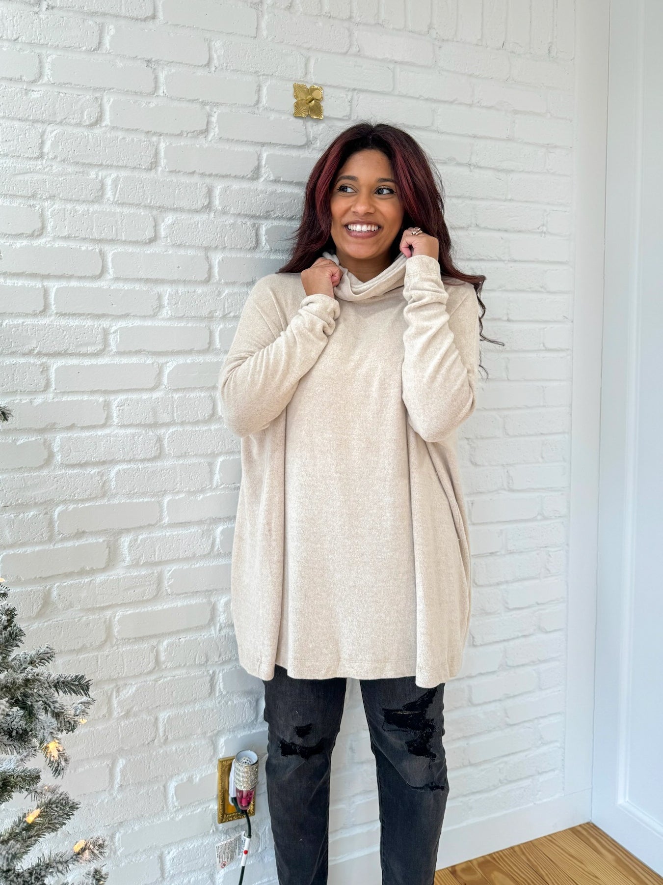 Oatmeal Long Sleeve Open Back Turtleneck Sweater
