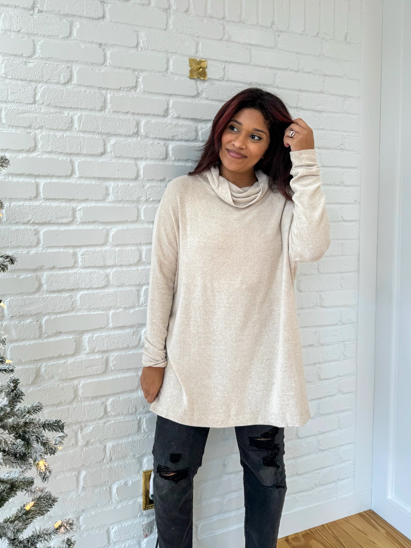 Oatmeal Long Sleeve Open Back Turtleneck Sweater