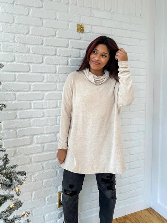 Oatmeal Long Sleeve Open Back Turtleneck Sweater
