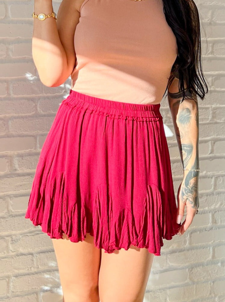 High Waisted Mini Pleated Cranberry Skirt