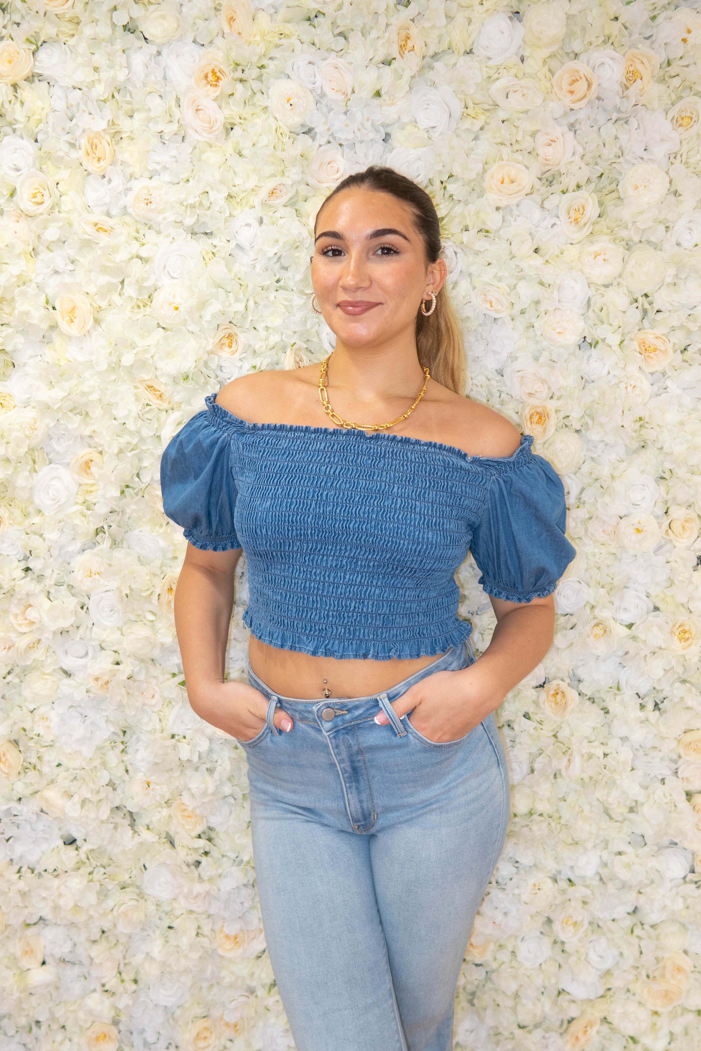 Blue Denim Ruffle Smocked Crop Top
