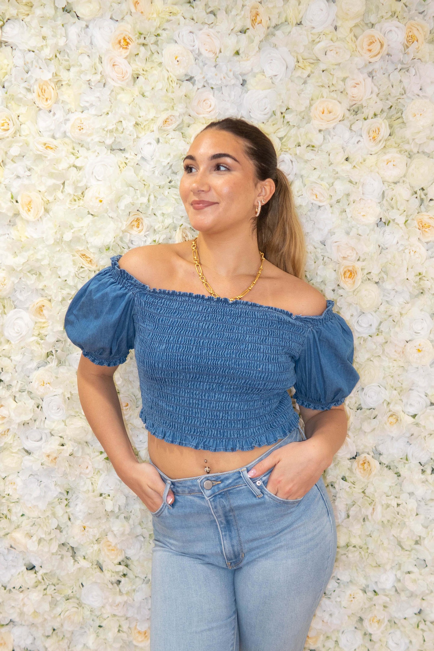 Blue Denim Ruffle Smocked Crop Top