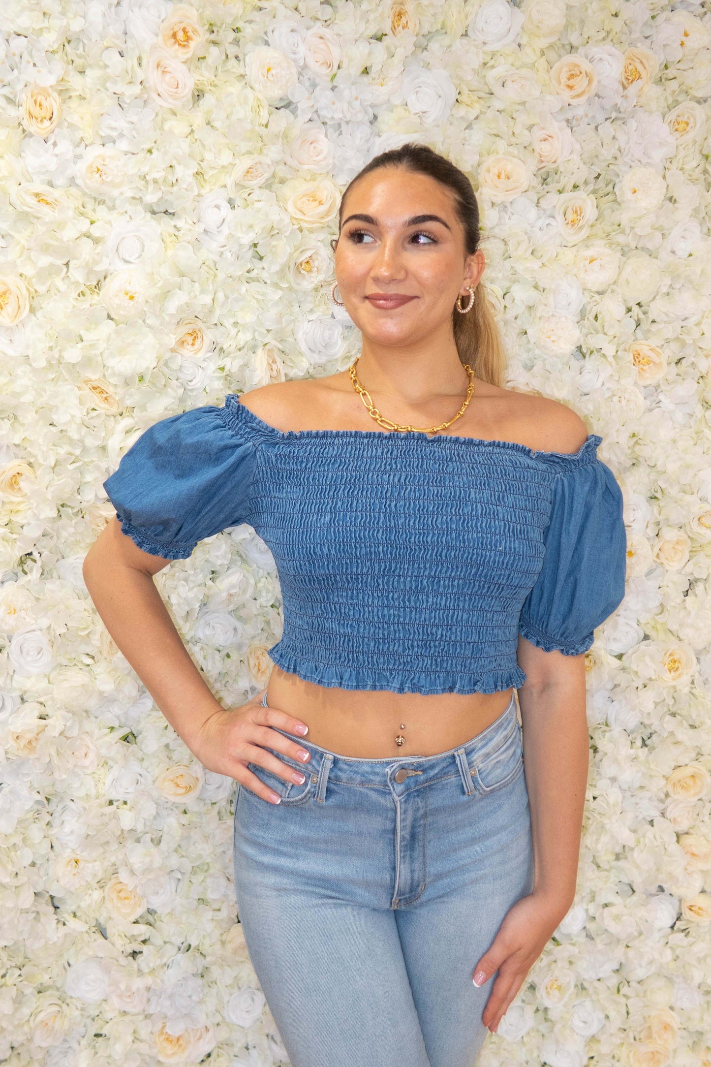Blue Denim Ruffle Smocked Crop Top
