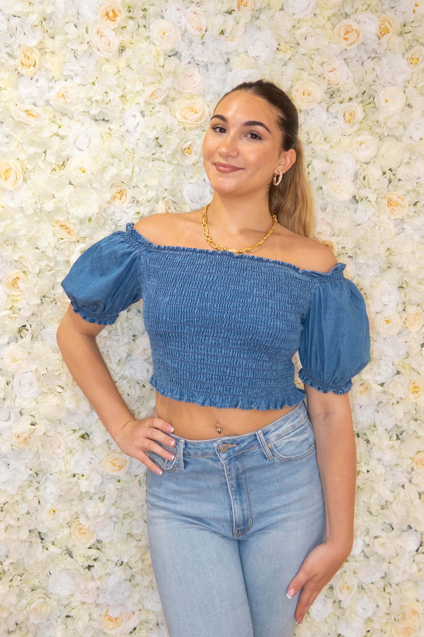 Blue Denim Ruffle Smocked Crop Top