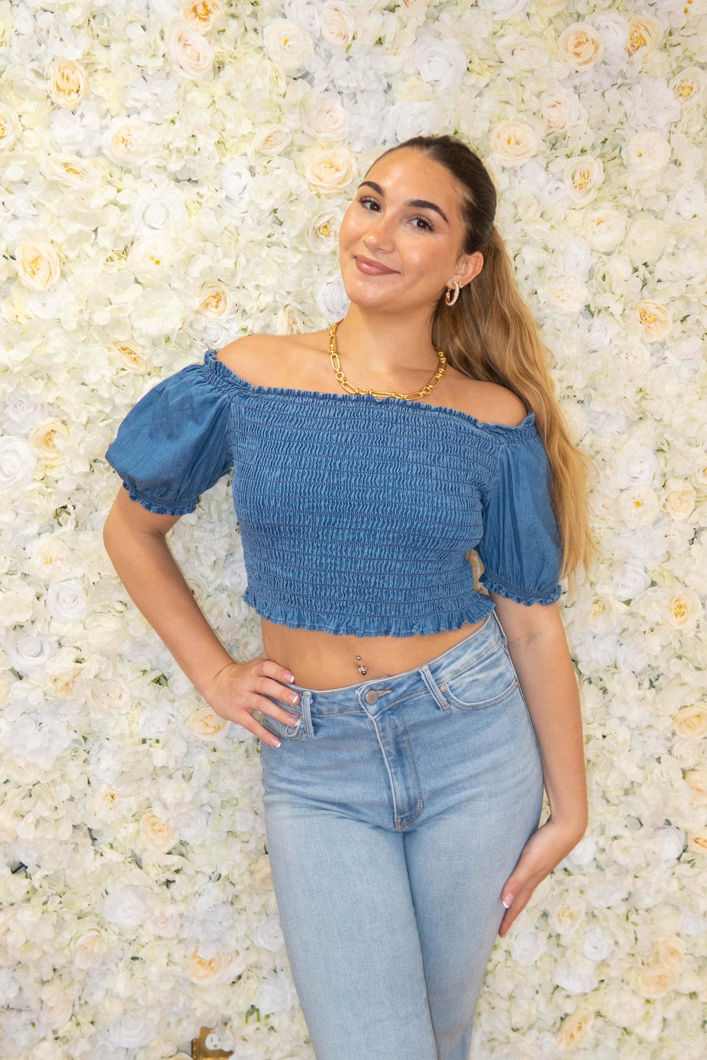 Blue Denim Ruffle Smocked Crop Top