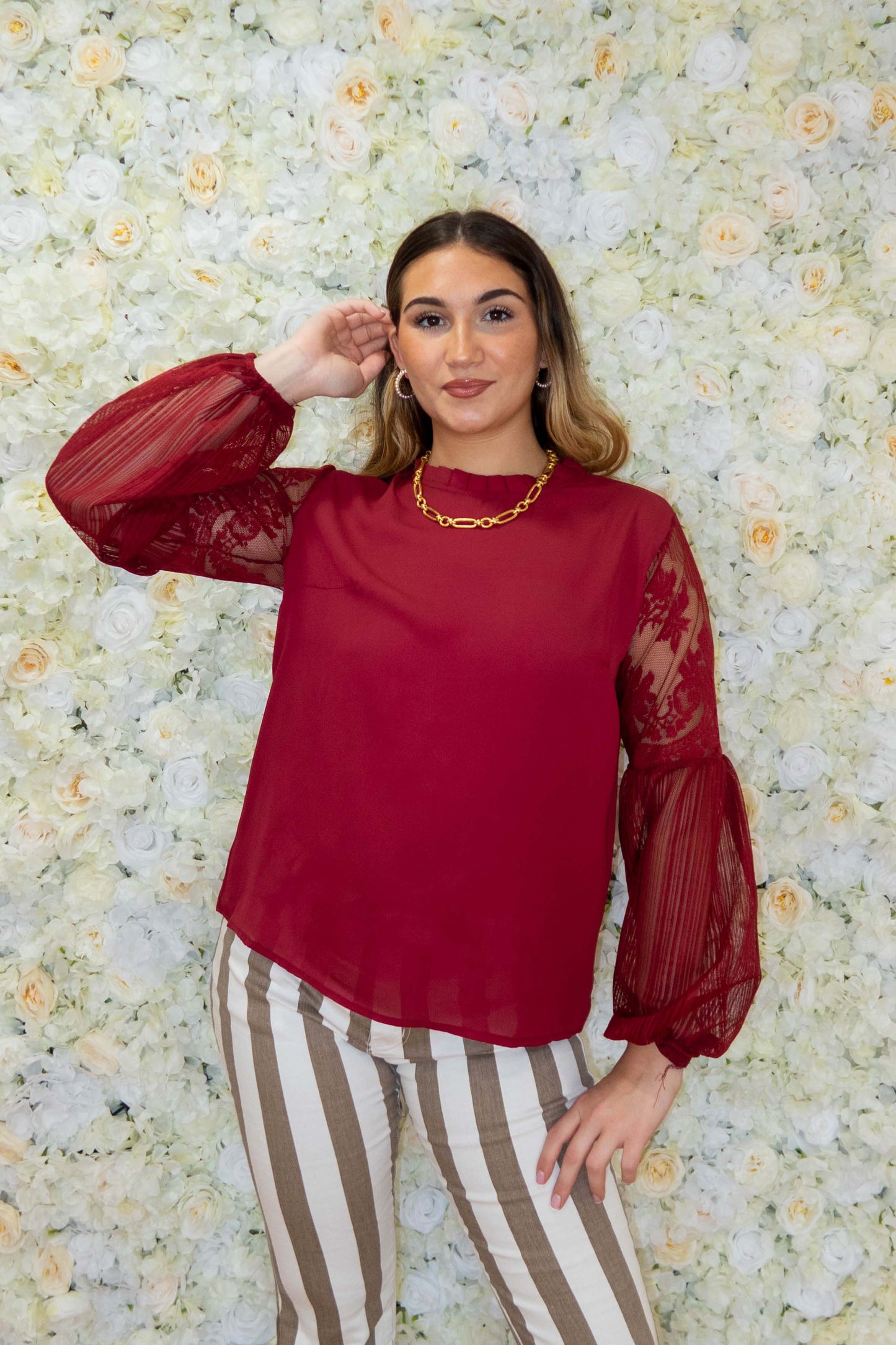Burgundy Sweet Lace Splicing Long Sleeve Blouse