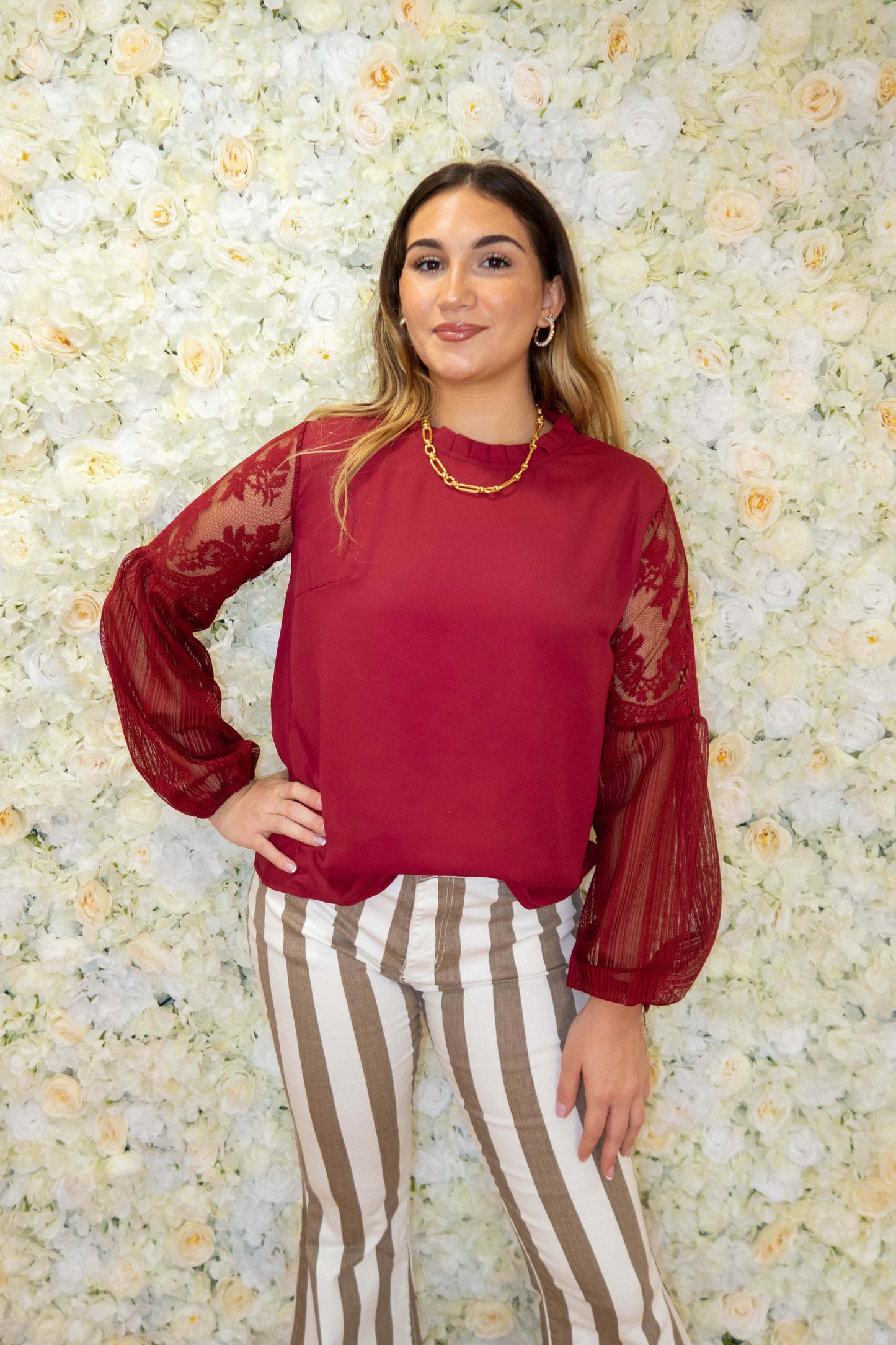 Burgundy Sweet Lace Splicing Long Sleeve Blouse