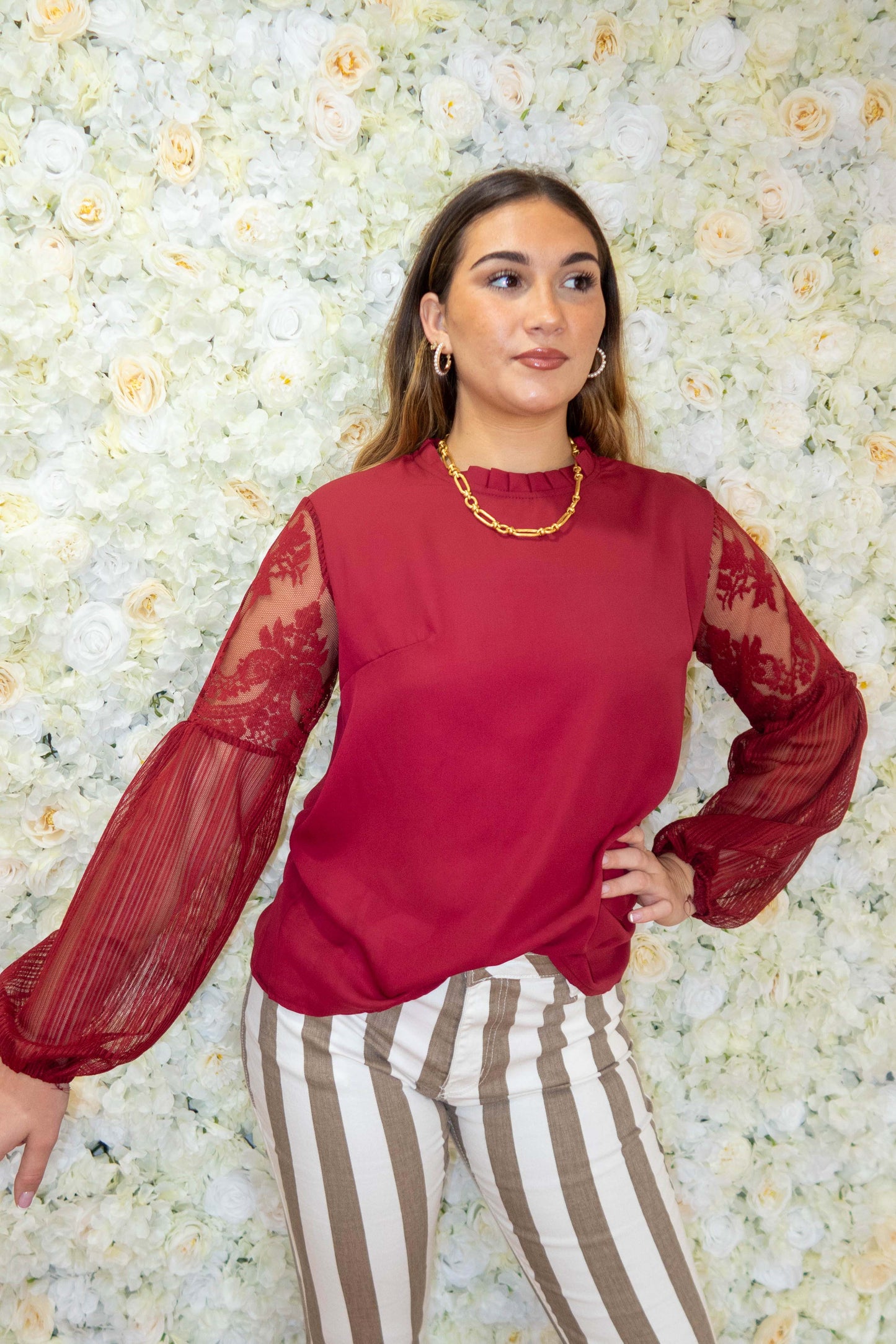 Burgundy Sweet Lace Splicing Long Sleeve Blouse