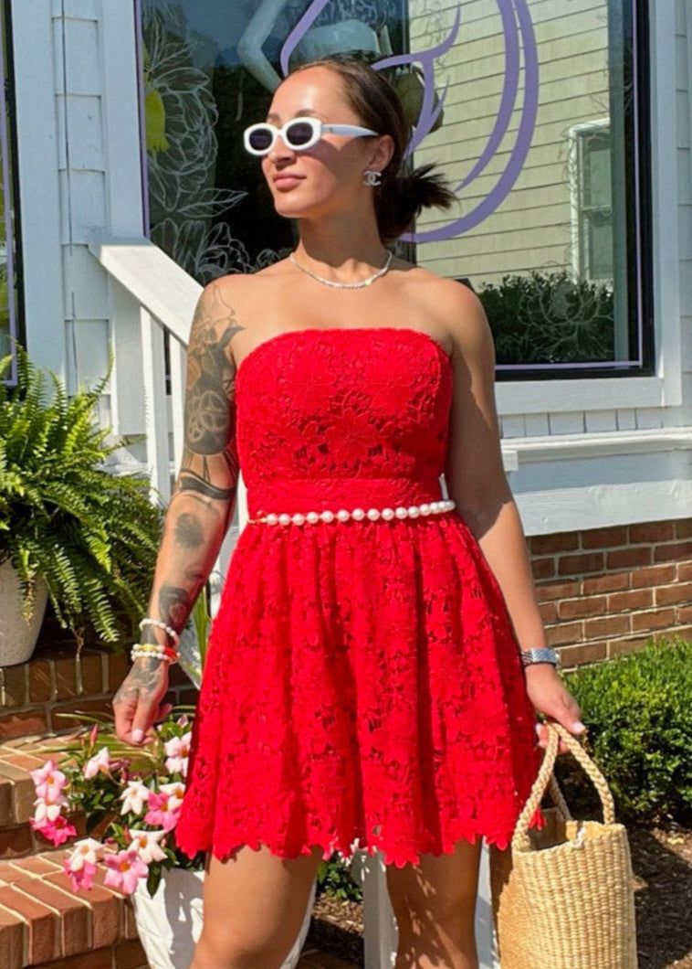 Strapless Red Lace Mini Dress