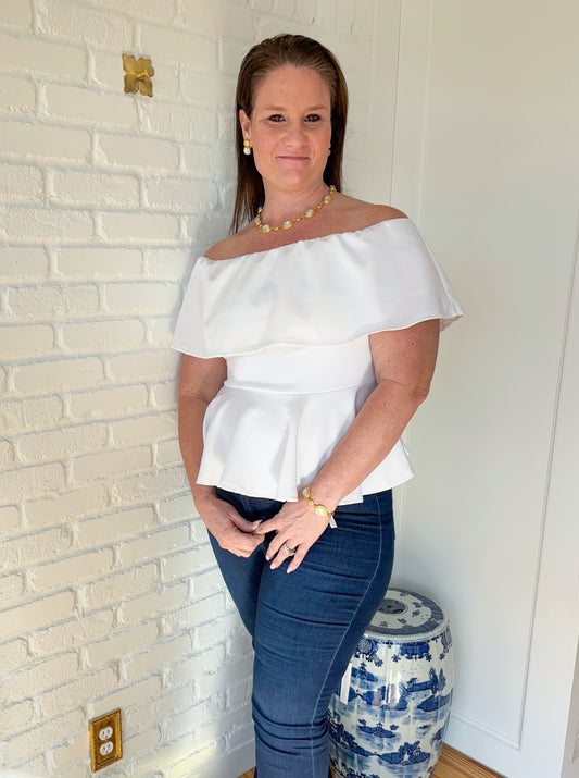 White Ruffled Peplum Curvy Fit Top