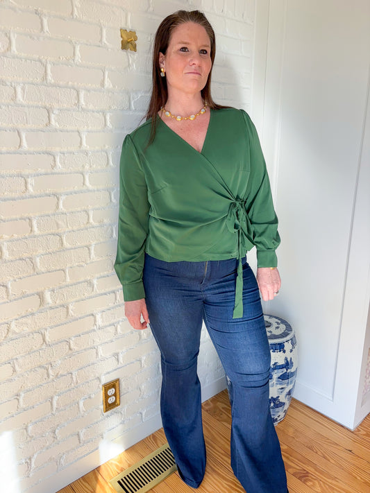 Green Wrap Tie Long Sleeve Curvy Fit Blouse