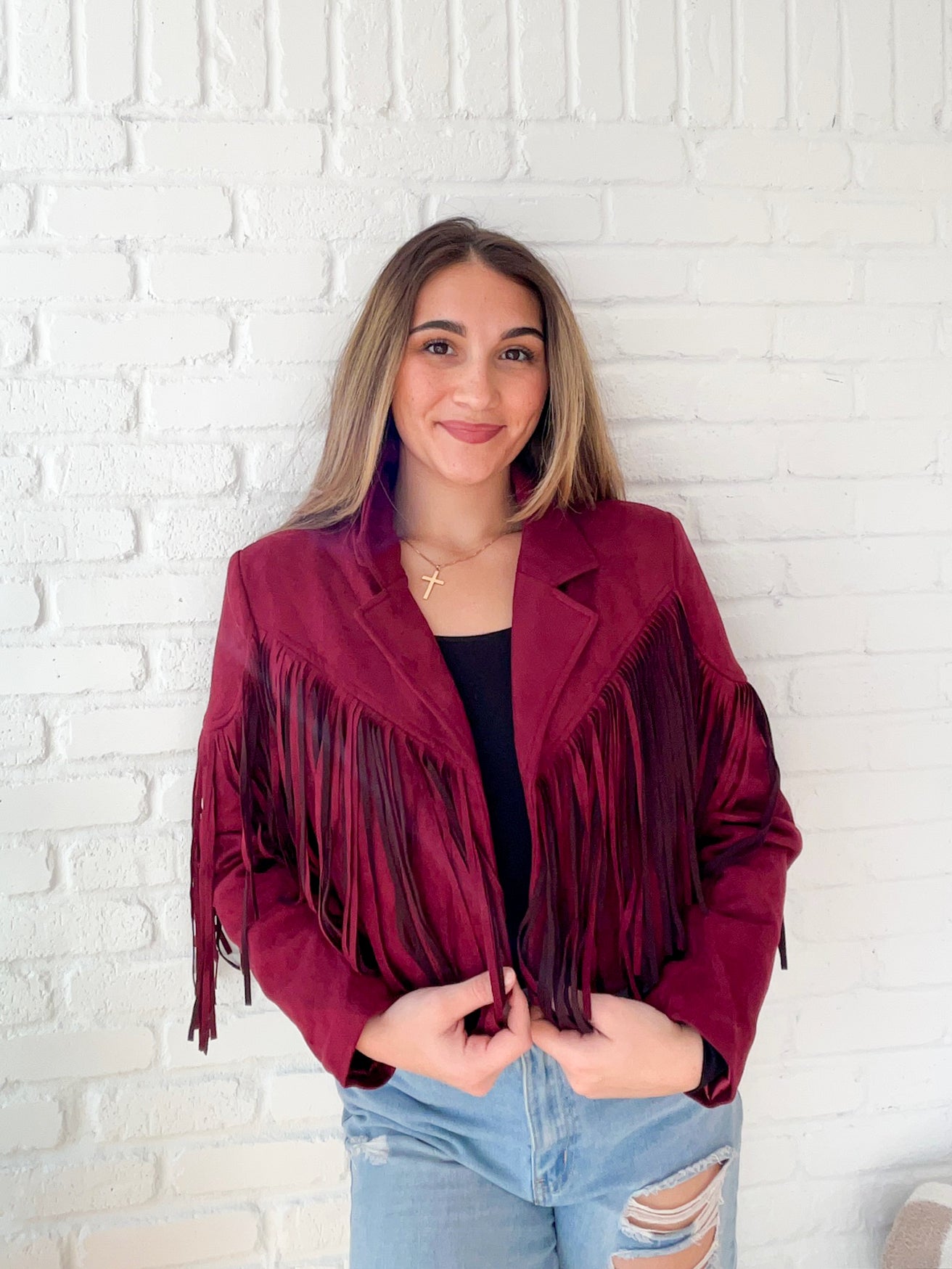 Wine Suede Fringe Jacket