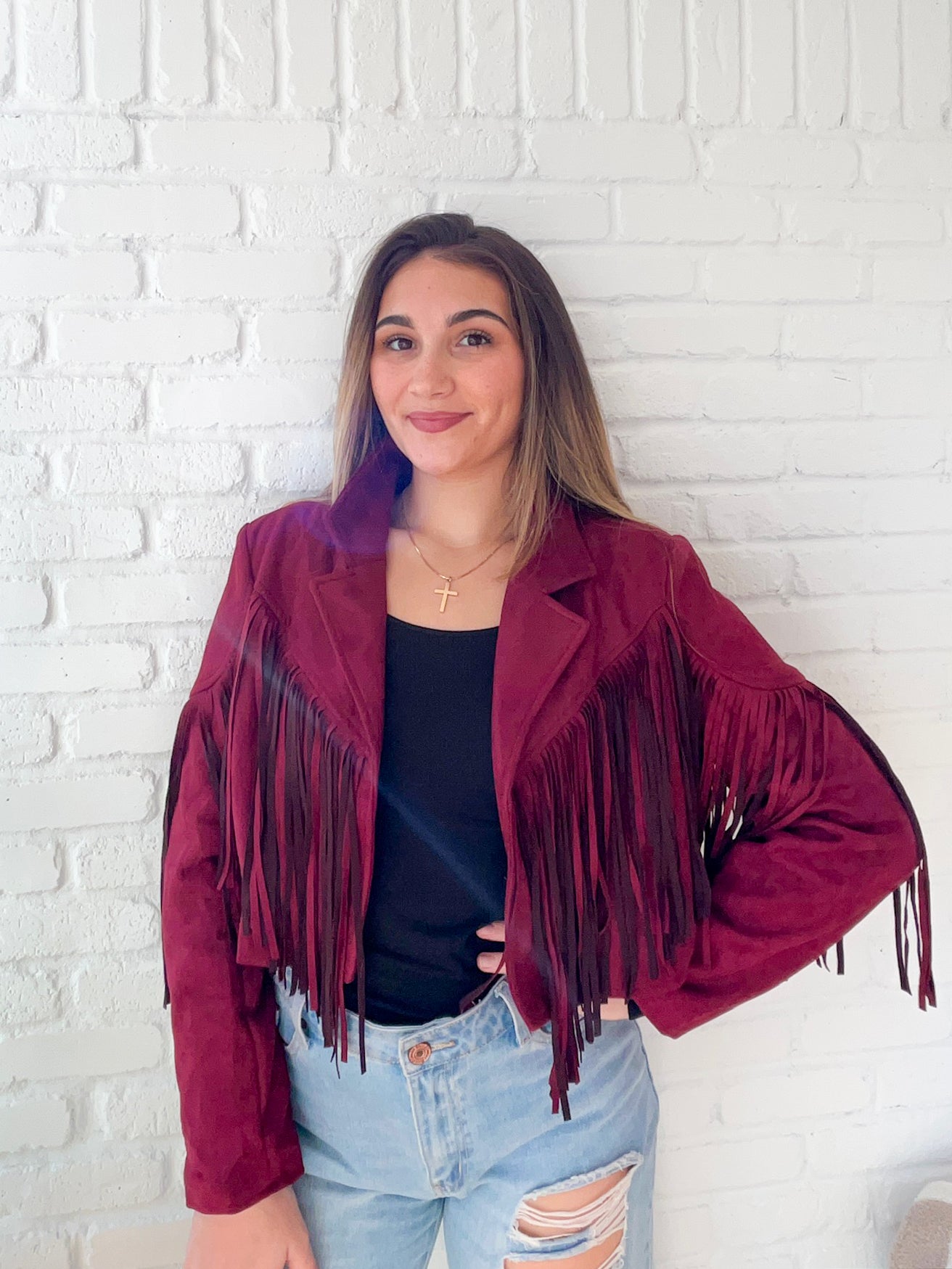 Wine Suede Fringe Jacket