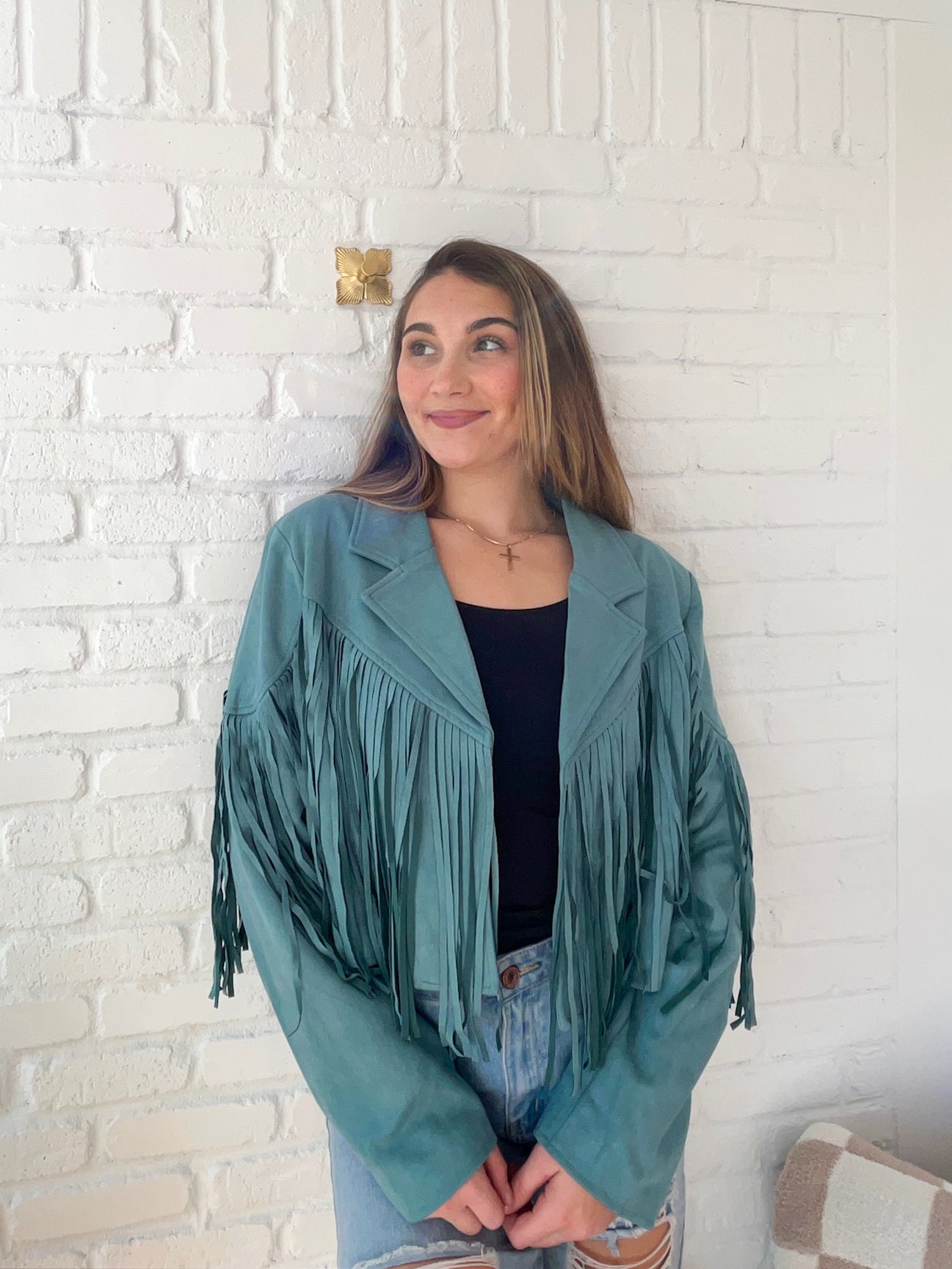 Teal Suede Fringe Curvy Fit Jacket