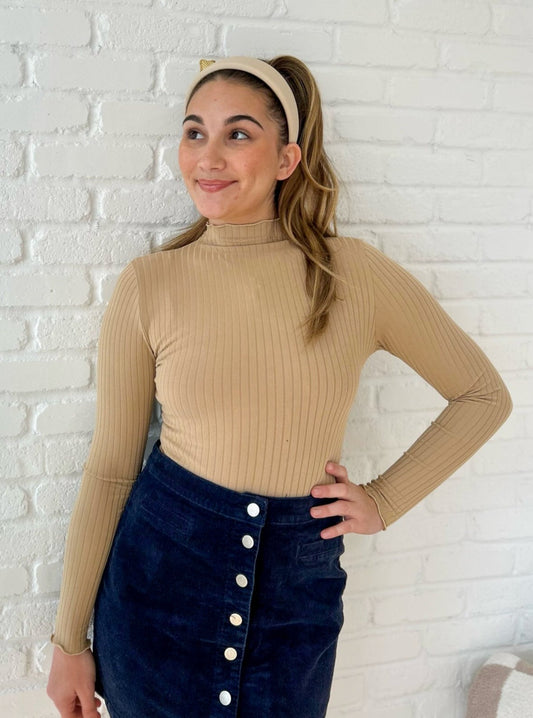 Tan Ribbed Mock Neck Bodysuit