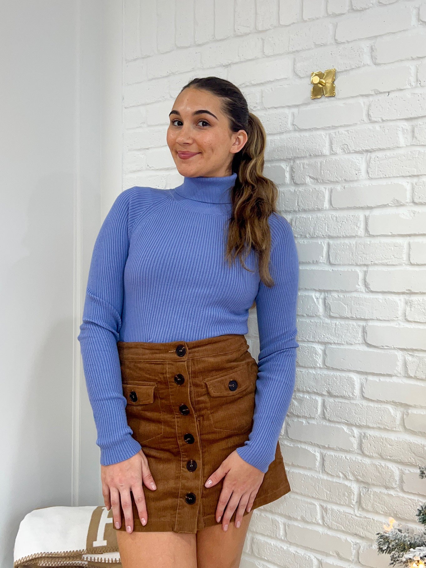 Blue Cropped Turtleneck Sweater