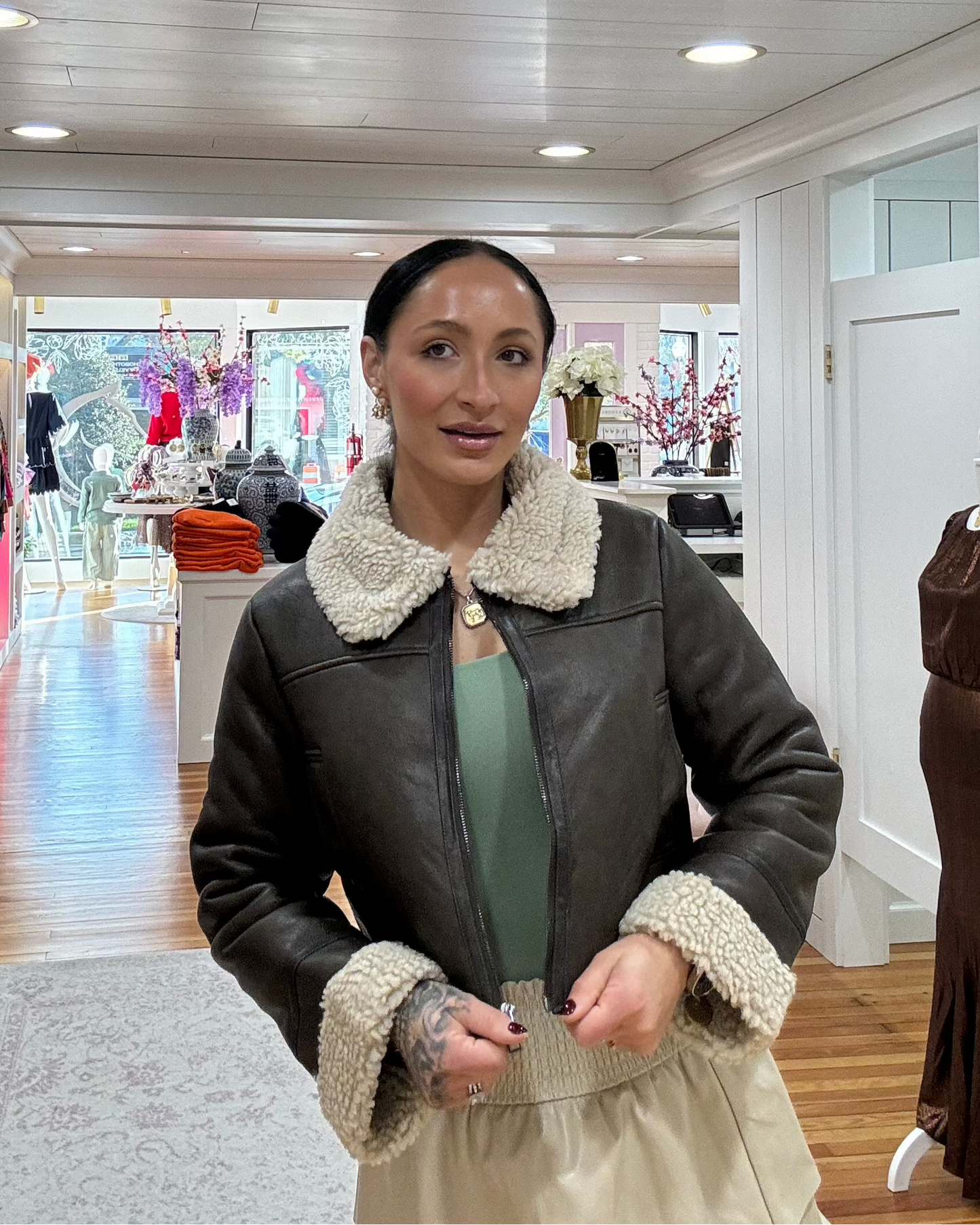 Fur Collar Brown Suede Cropped Bomber Jacket