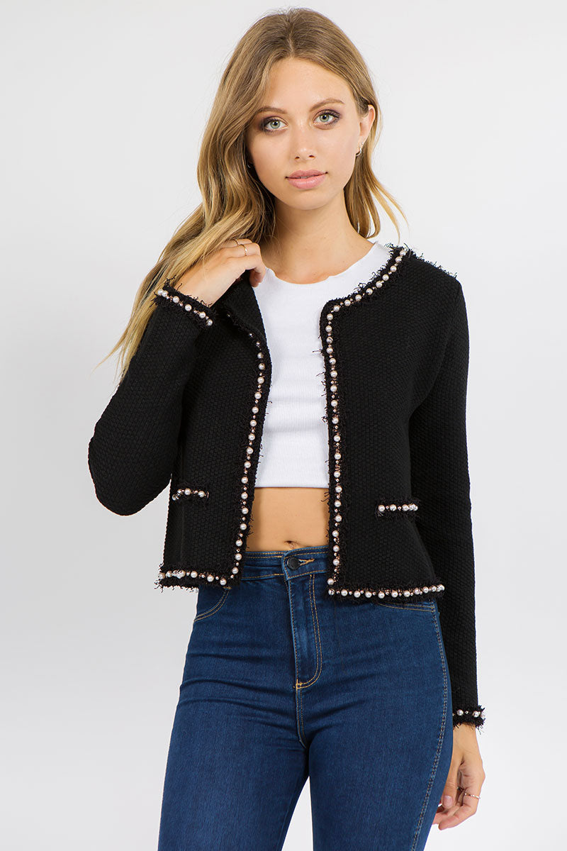 Black Josette Frayed Pearl Detail Knit Sweater Jacket