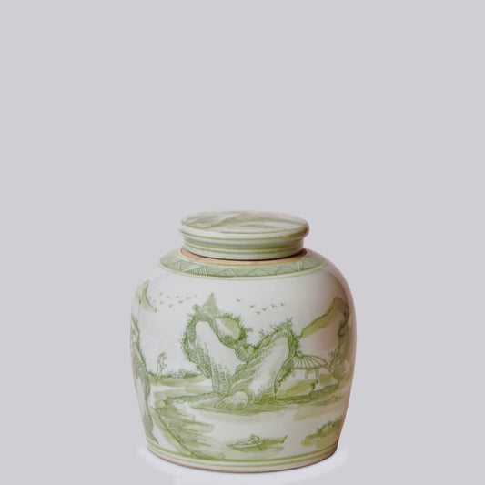 Landscape Green and White Porcelain Lidded Jar