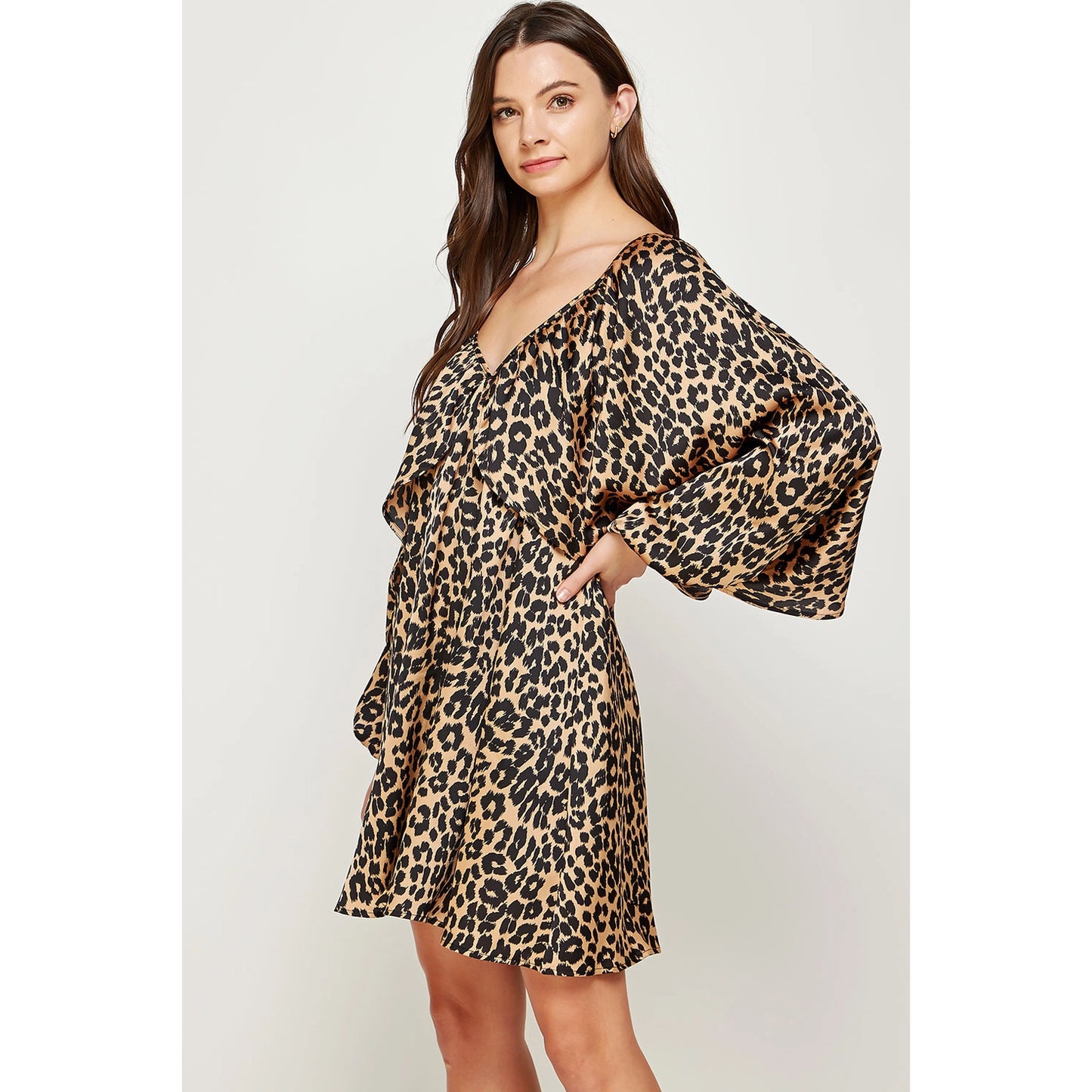 Leopard Shirred Satin Mini Dress