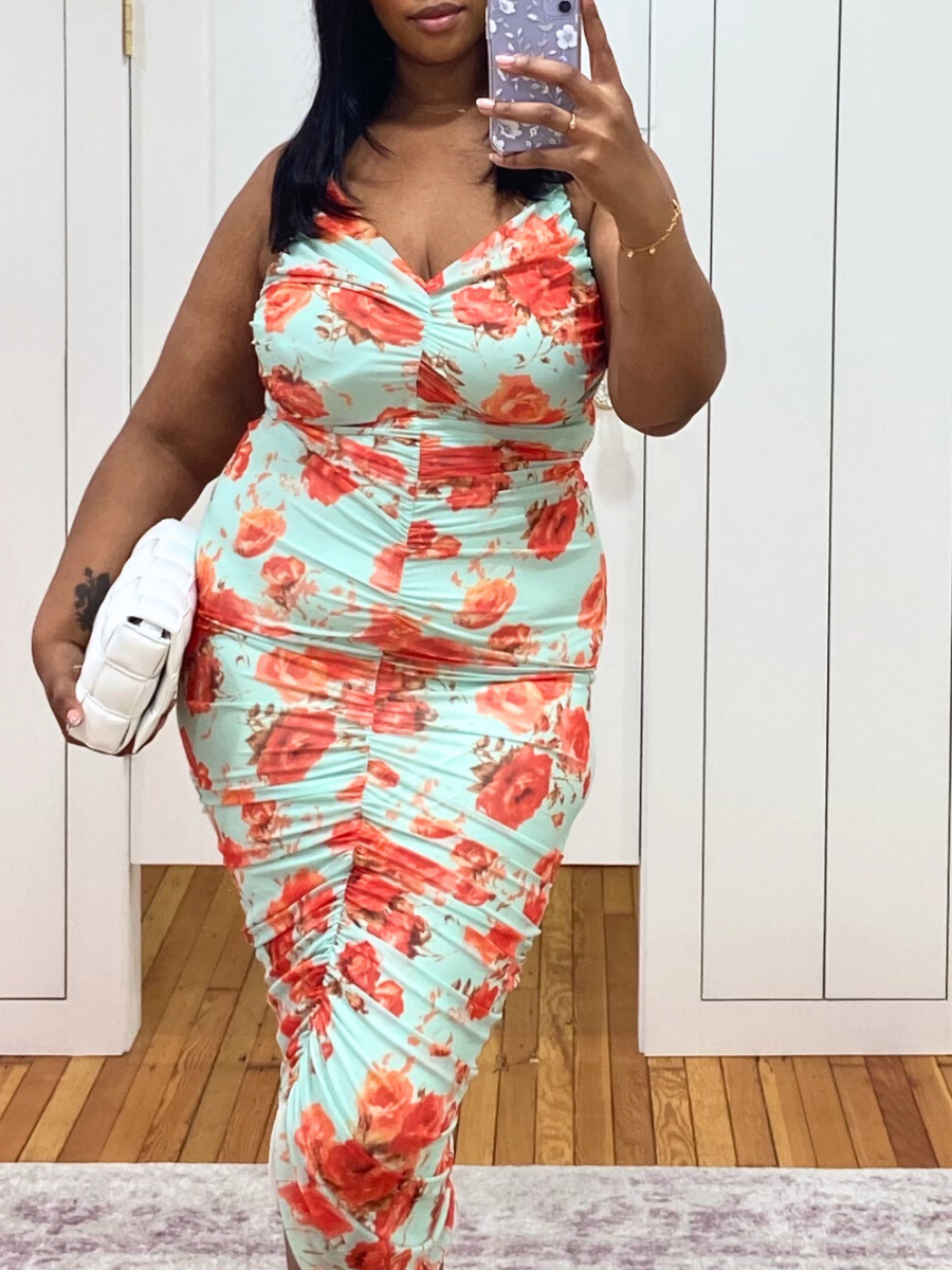Mint & Peach Floral Mesh Curvy Fit Midi Dress