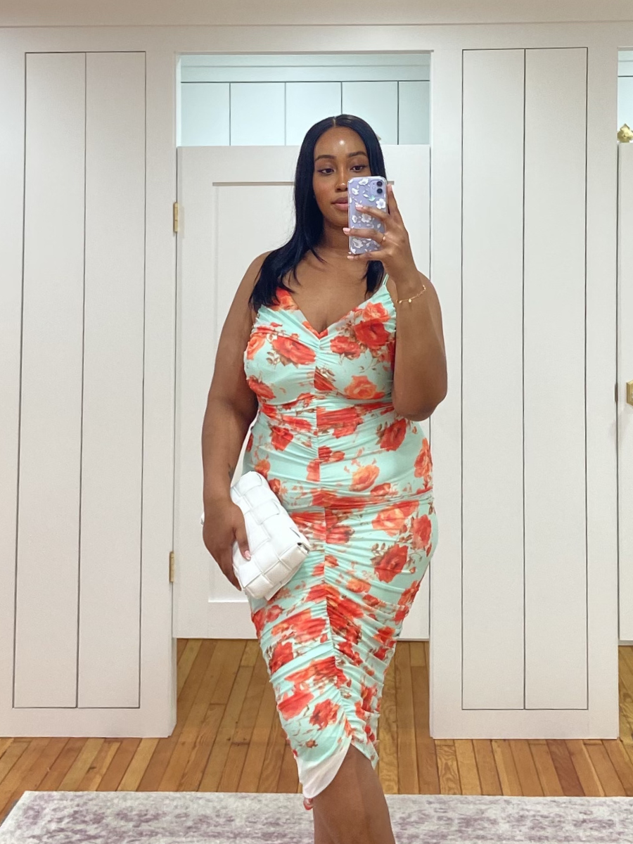 Mint Peach Floral Mesh Curvy Fit Midi Dress - Main Image