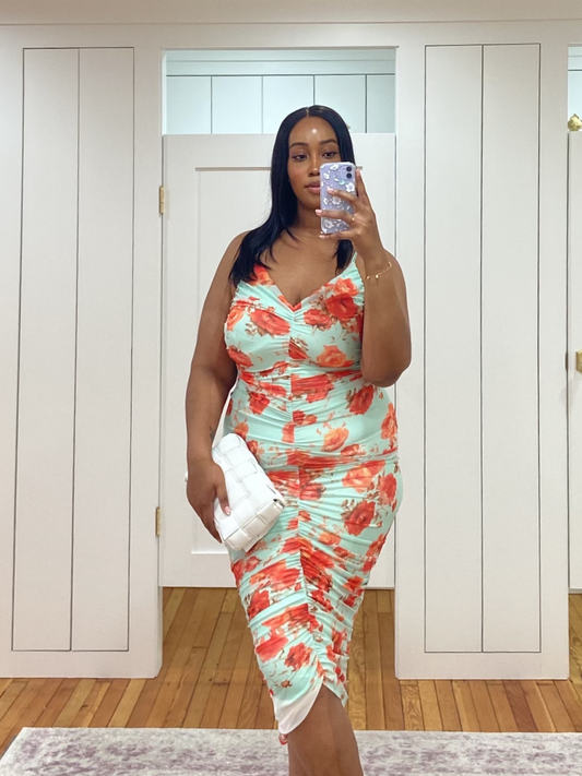 Mint & Peach Floral Mesh Curvy Fit Midi Dress