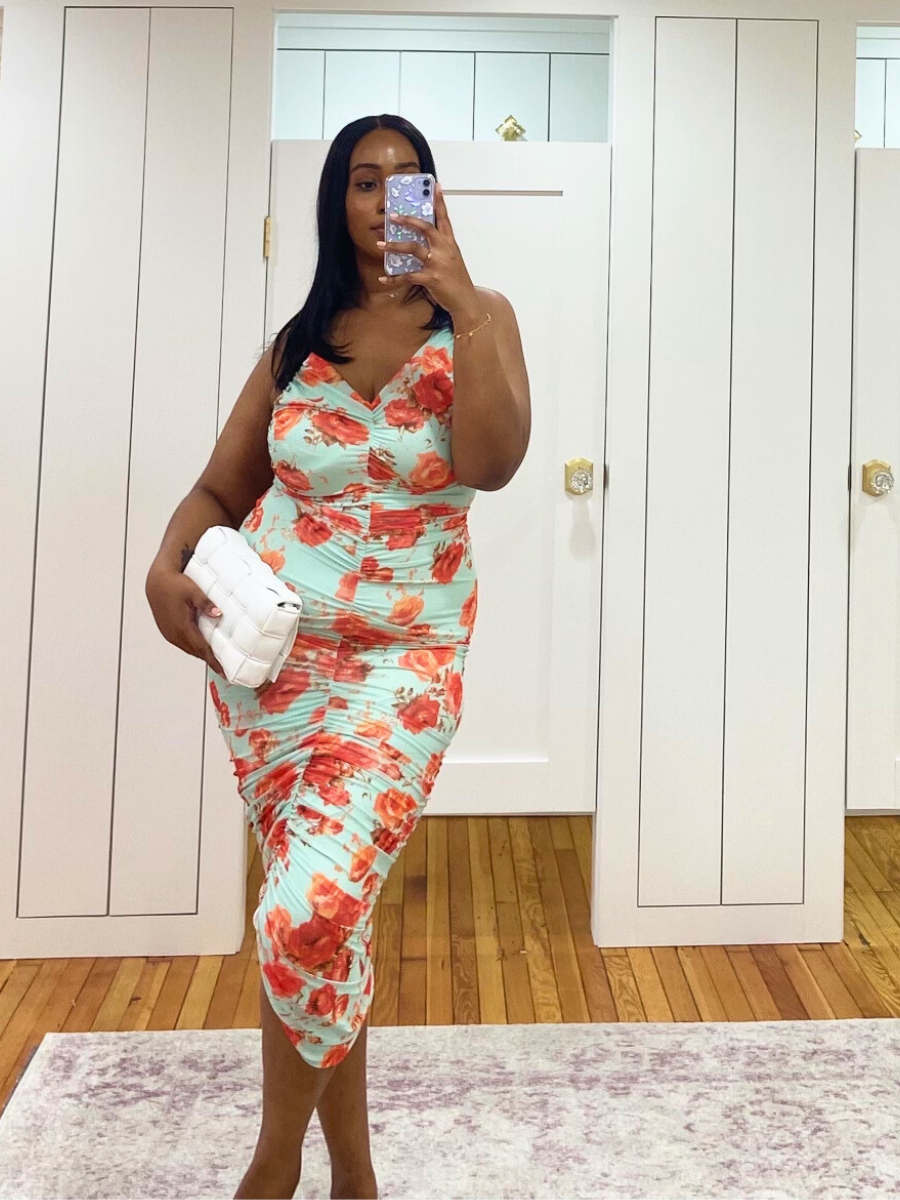 Mint & Peach Floral Mesh Curvy Fit Midi Dress