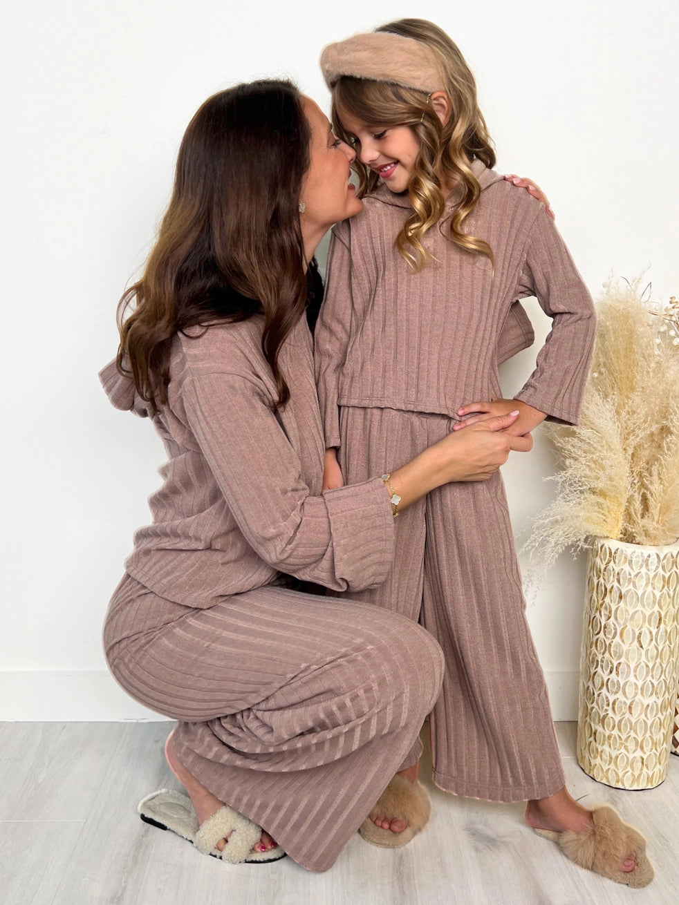 Mommy and Me Cozy Beige Ribbed Hooded Pant Set
