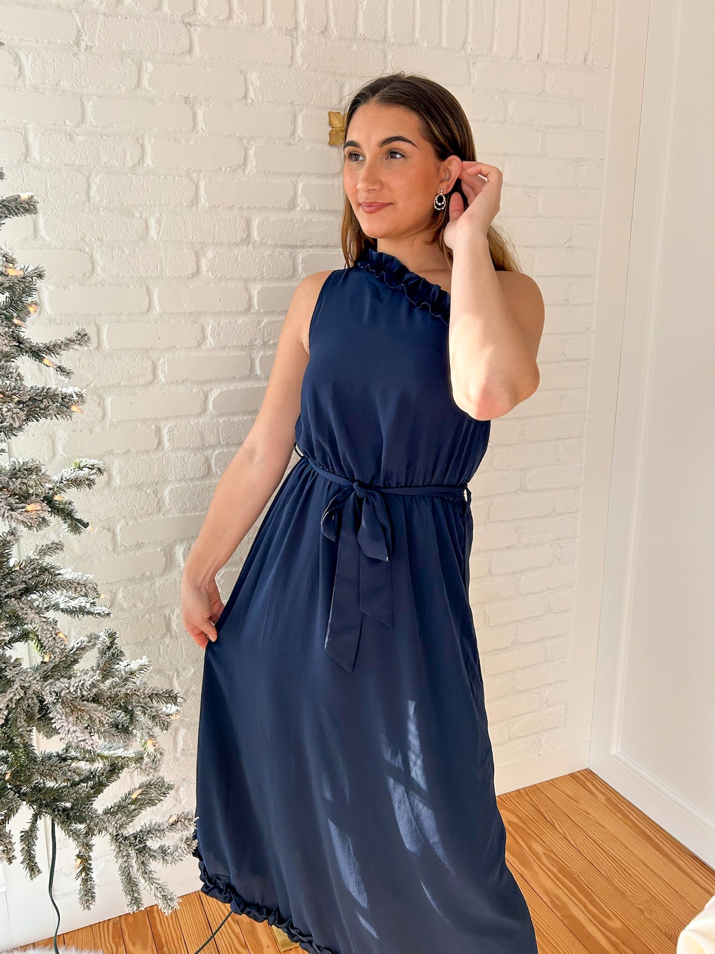 Navy One Shoulder Ruffled Maxi Dress
