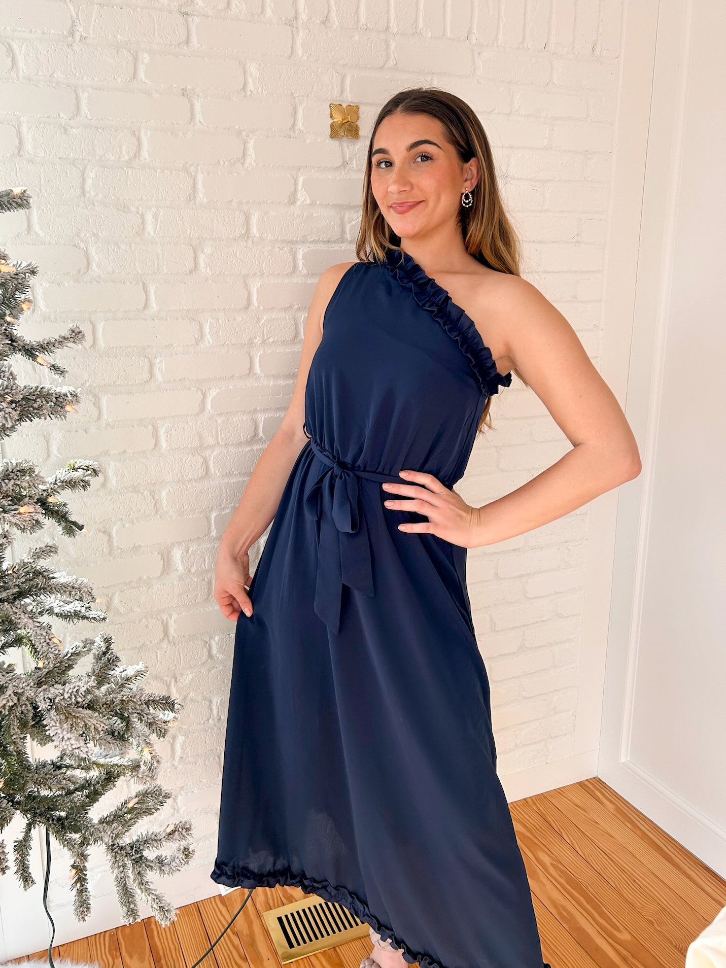 Navy One Shoulder Ruffled Maxi Dress
