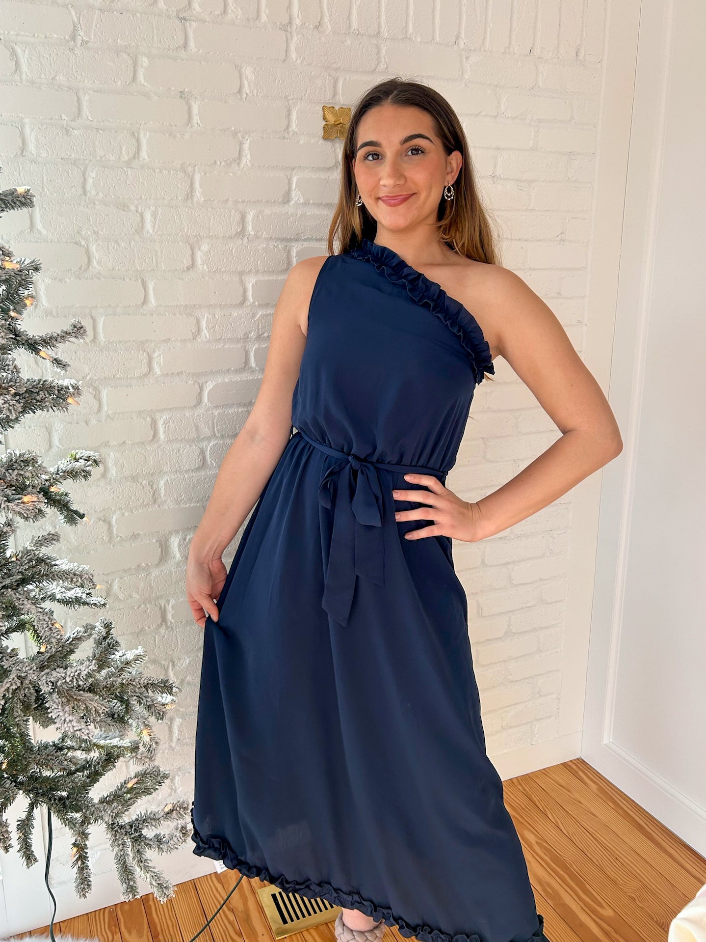 Navy One Shoulder Ruffled Maxi Dress