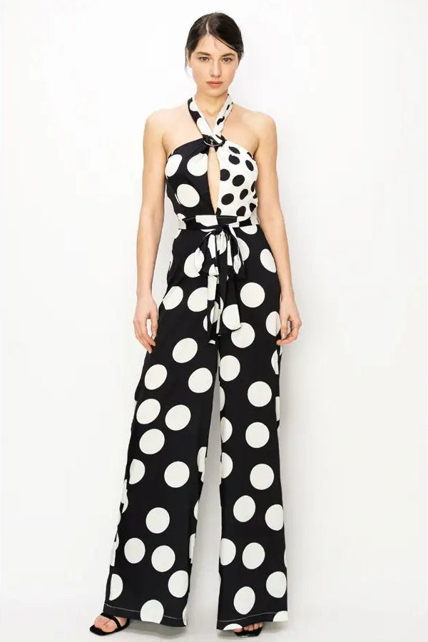 Black & White O-Ring Halter Neck Polka Dot Jumpsuit