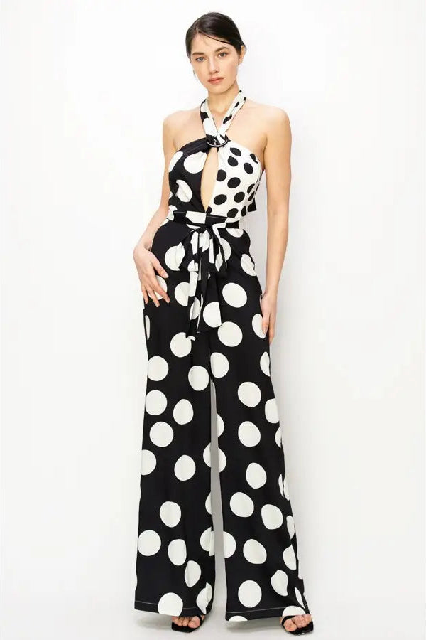 Black & White O-Ring Halter Neck Polka Dot Jumpsuit