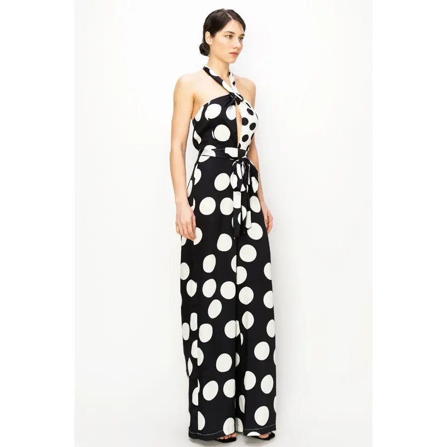 Black & White O-Ring Halter Neck Polka Dot Jumpsuit