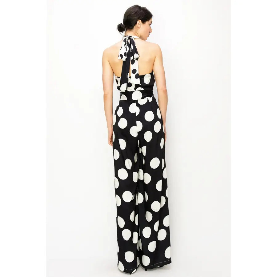 Black & White O-Ring Halter Neck Polka Dot Jumpsuit