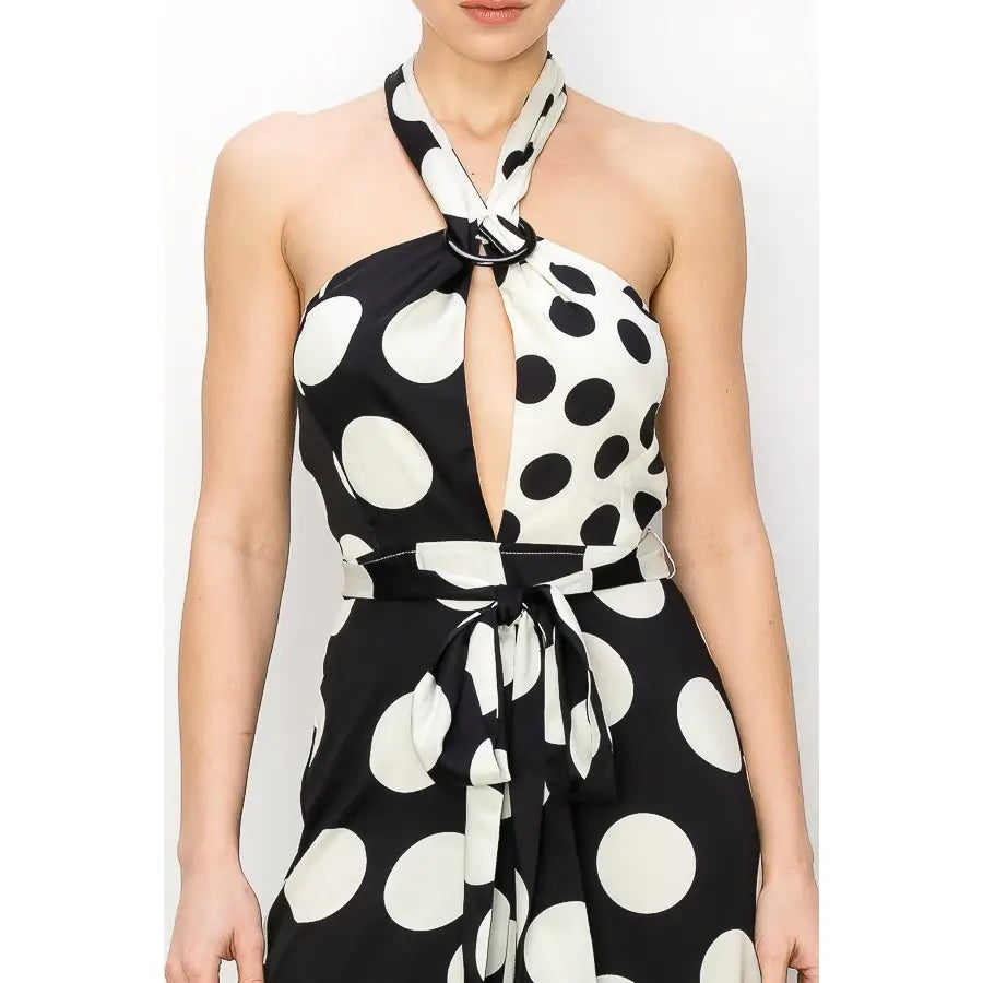 Black & White O-Ring Halter Neck Polka Dot Jumpsuit